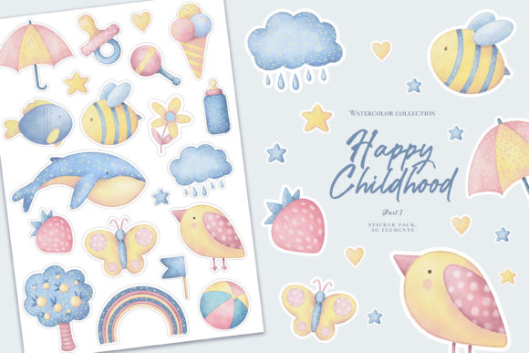 Download Happy Childhood. Watercolor Stickers. - Stickers Collection