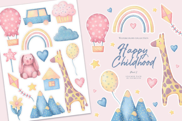 Download Happy Childhood. Watercolor Stickers. - Stickers Collection